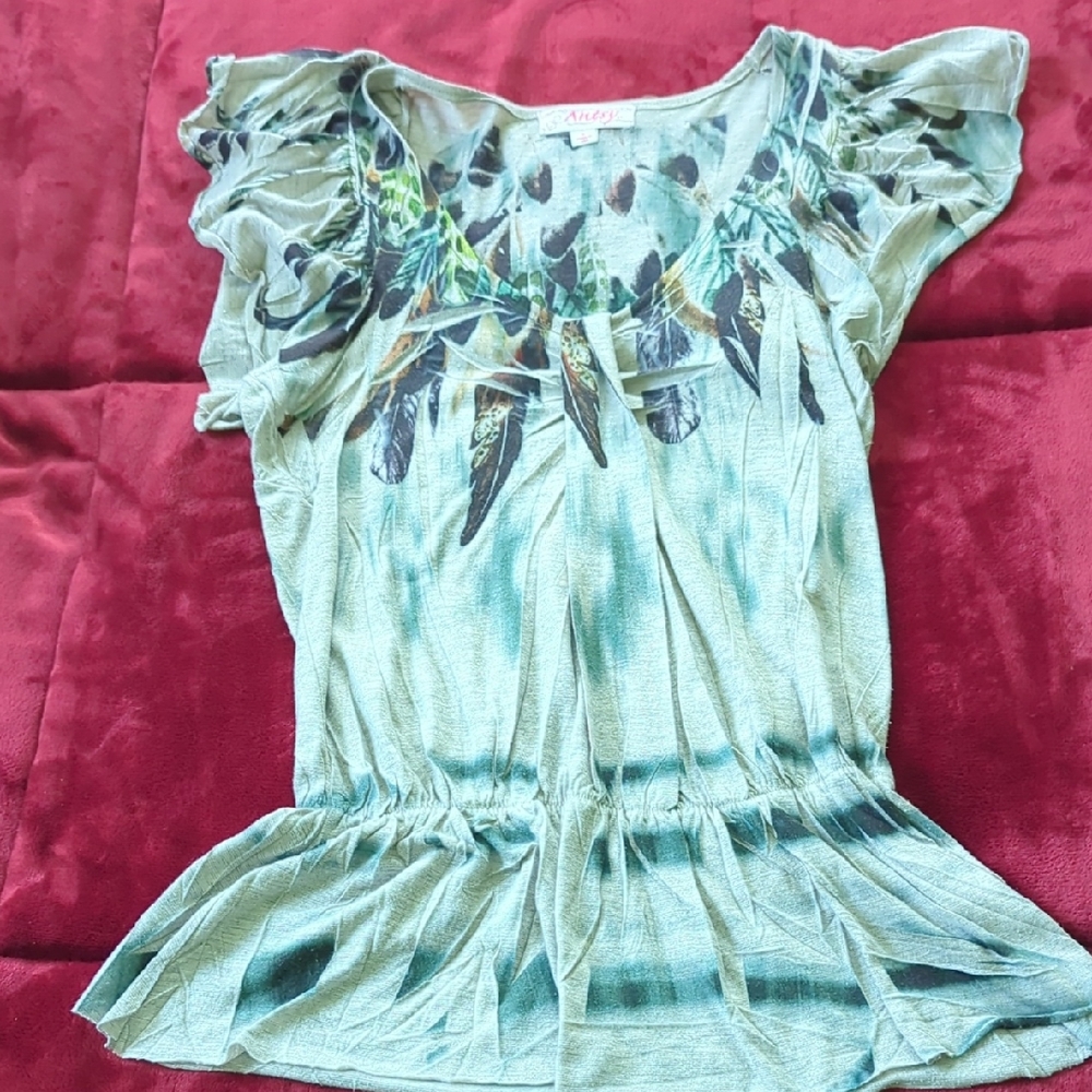 Antsy Green/Black  Ruffled Peplum Cap Sleeve Blouse